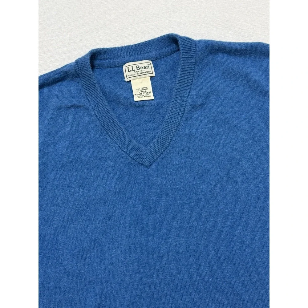 LL Bean Sweater Mens Large Tall Blue Cotton Cashmere V Neck Pullover